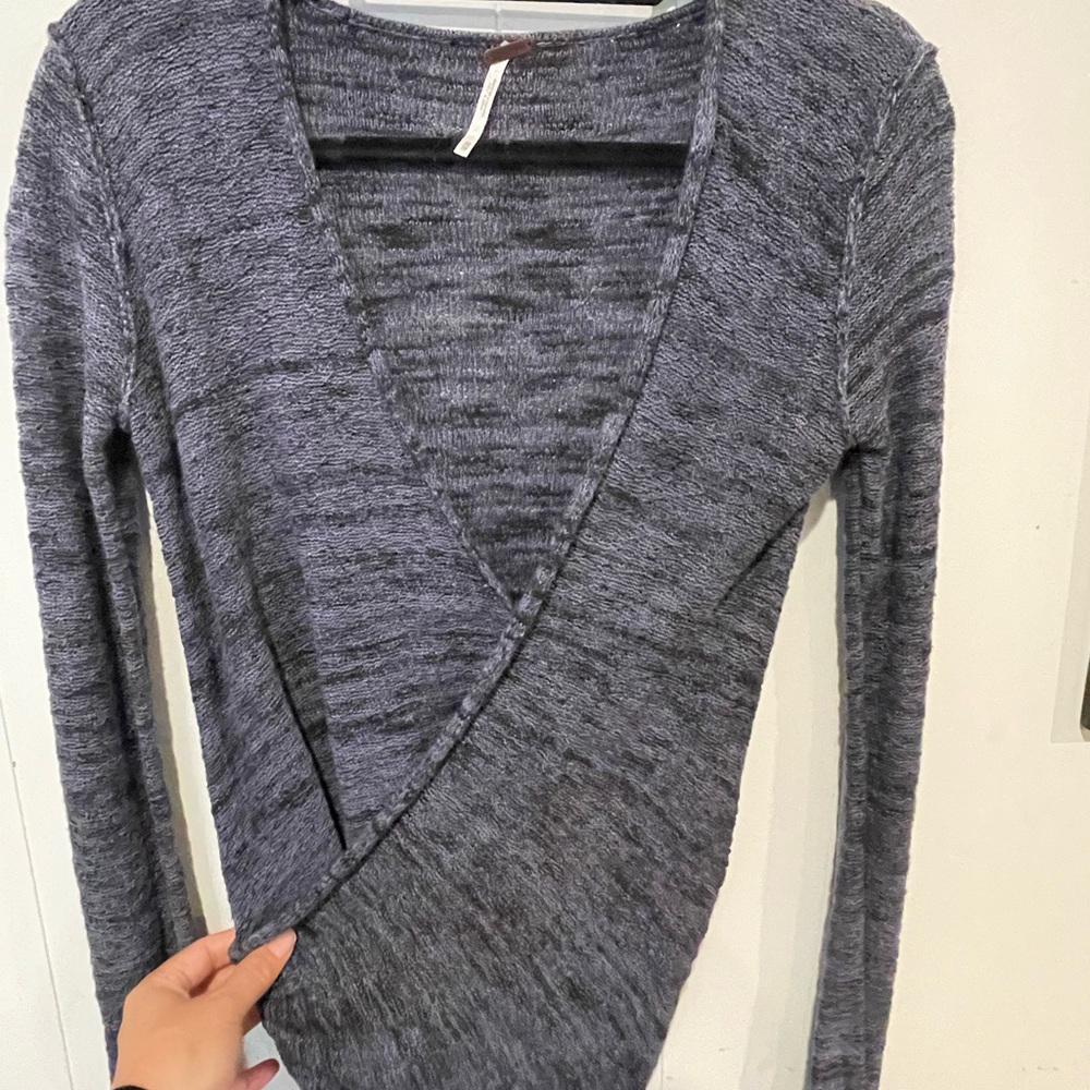 Free People Heathered Navy Wrap-Style Long Sleeve Top